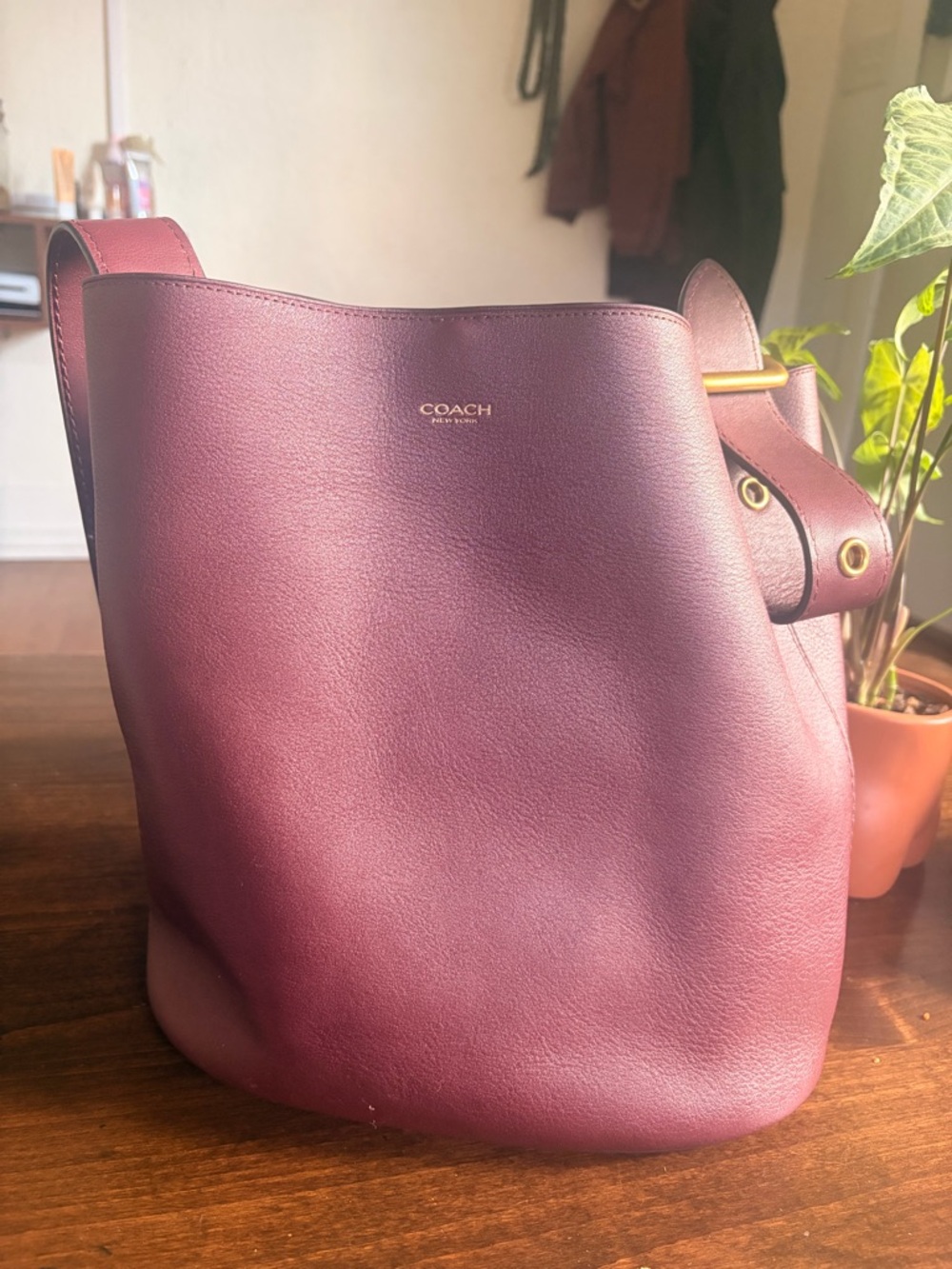 Coach Bleecker Bucket Bag in Merlot/Brass